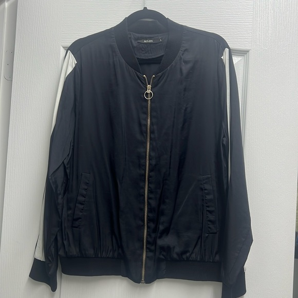 Mulaya Black Satin Zip Bomber Jacket with White Stripe down Sleeves, Size L - Picture 1 of 3
